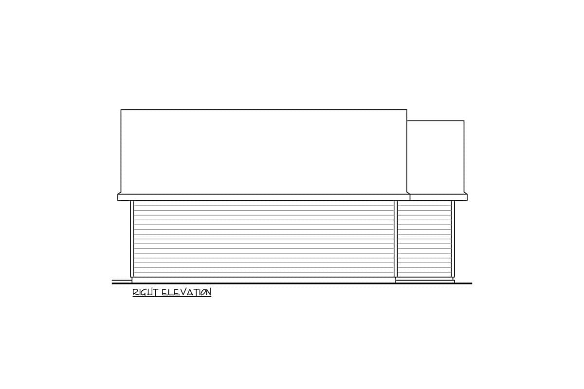 House plan right elevation drawing showing horizontal siding and a two-part roofline.