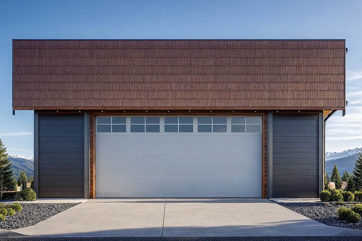 House plan exterior with wood-clad roof, vertical siding, and a garage door with a transom window. Includes a concrete driveway.