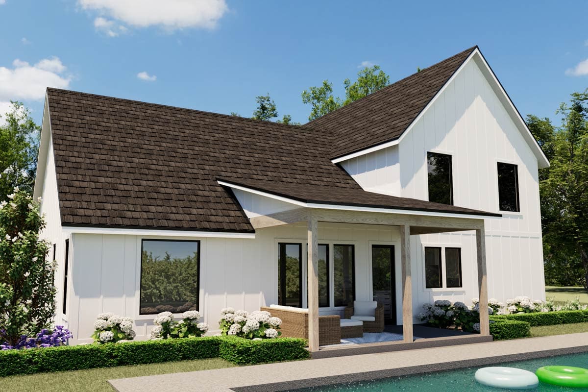 Exterior rendering of a modern farmhouse with a pool. White siding, dark roof, patio with seating, landscaping, and a blue sky.