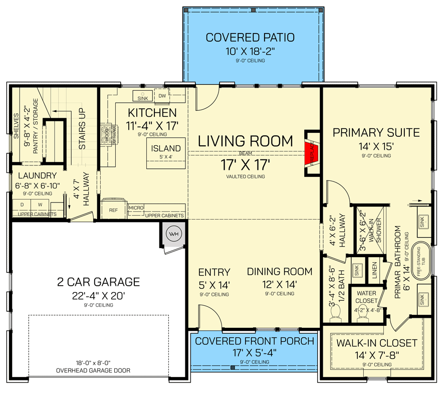 Plan 820006WSF: 4-Bed Transitional Cottage Plan with Split Bedrooms and Loft - Floor Plan - Main Level - Cottage, Modern Farmhouse, Rustic, Transitional