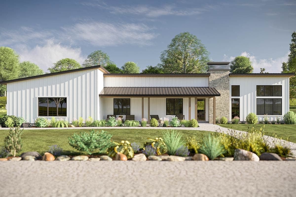Modern house plan exterior with white vertical siding, metal roof, covered porch, and stone chimney.