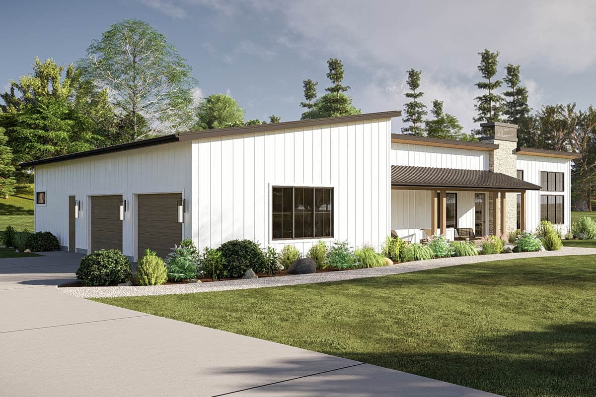 Modern house plan exterior with board and batten siding, a covered porch, stone chimney, and a three-car garage.