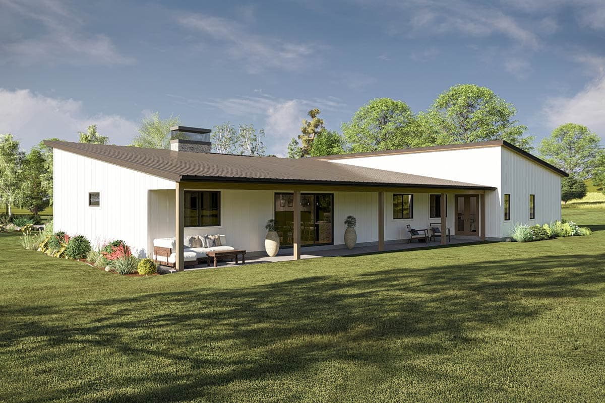Modern Ranch house plan exterior with a prominent gable roof, covered porch, and vertical siding.