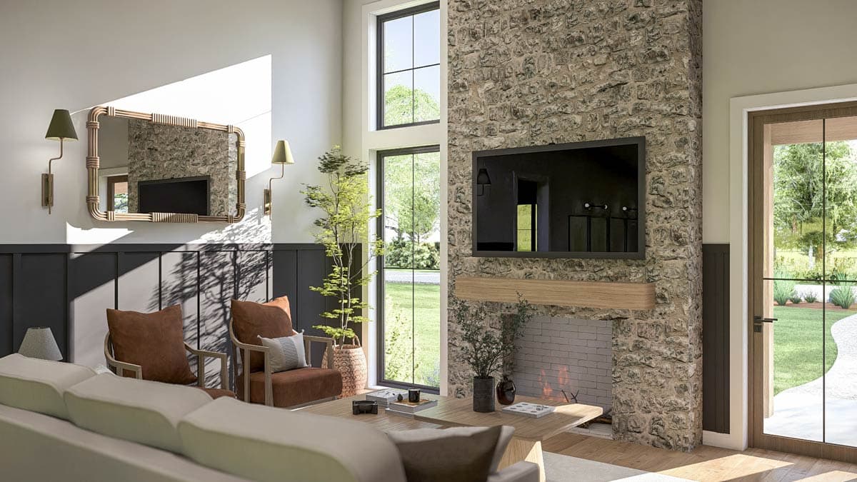 Interior rendering: Great room with stone fireplace, TV, vaulted ceiling with large windows, and wood mantel.