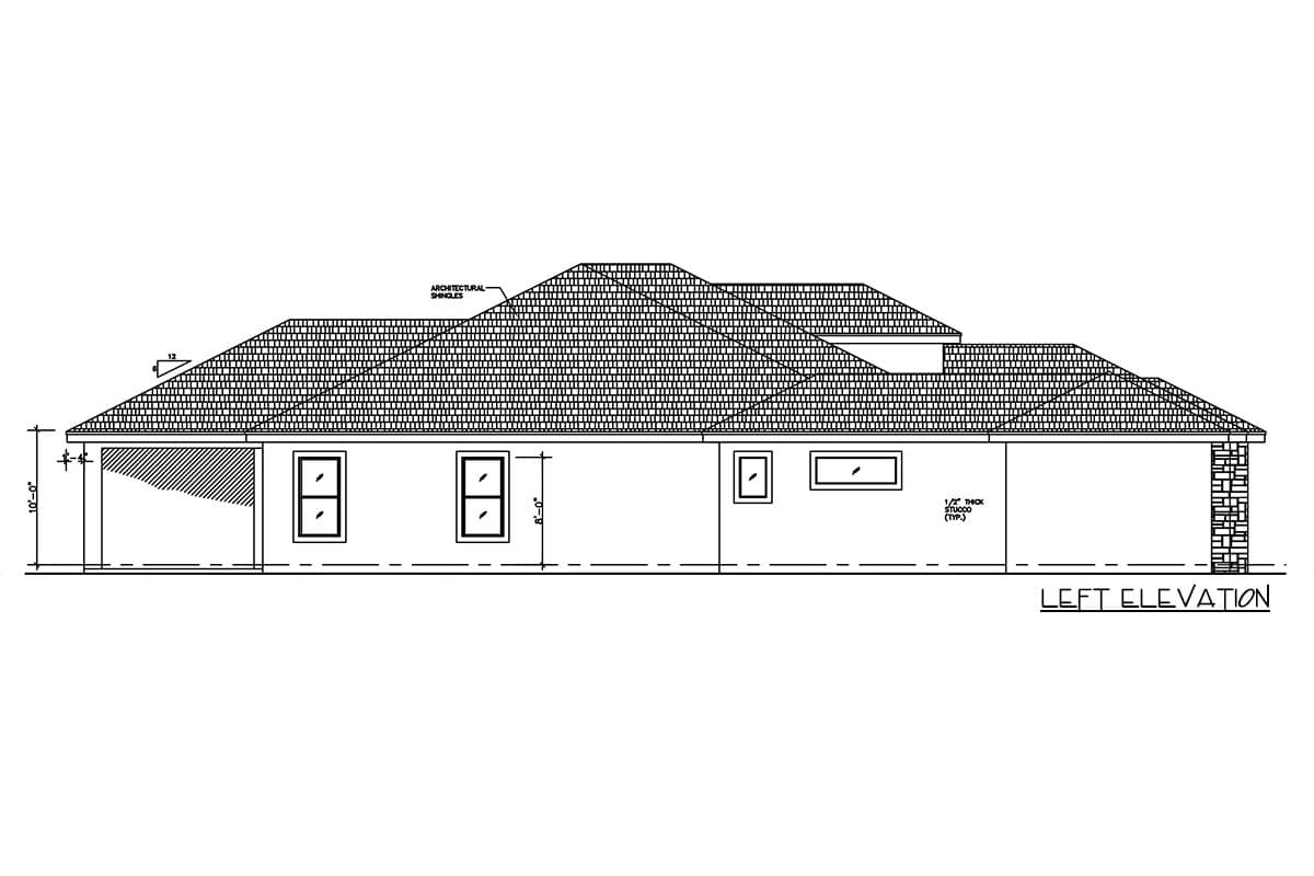 Left elevation house plan showing a single-story home with a hip roof, covered patio, and stone accent on the right side.