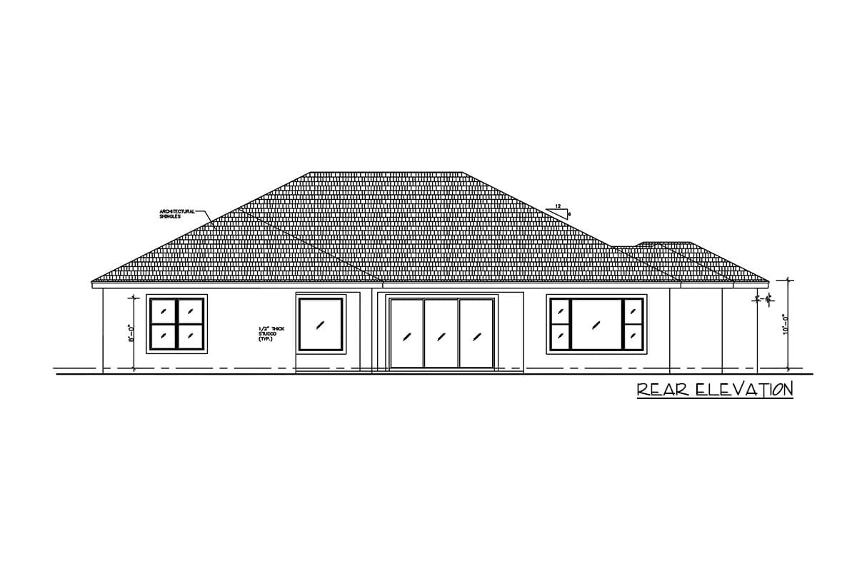Rear elevation house plan showing a single-story structure with architectural shingles, a prominent hipped roof, and large sliding glass doors.