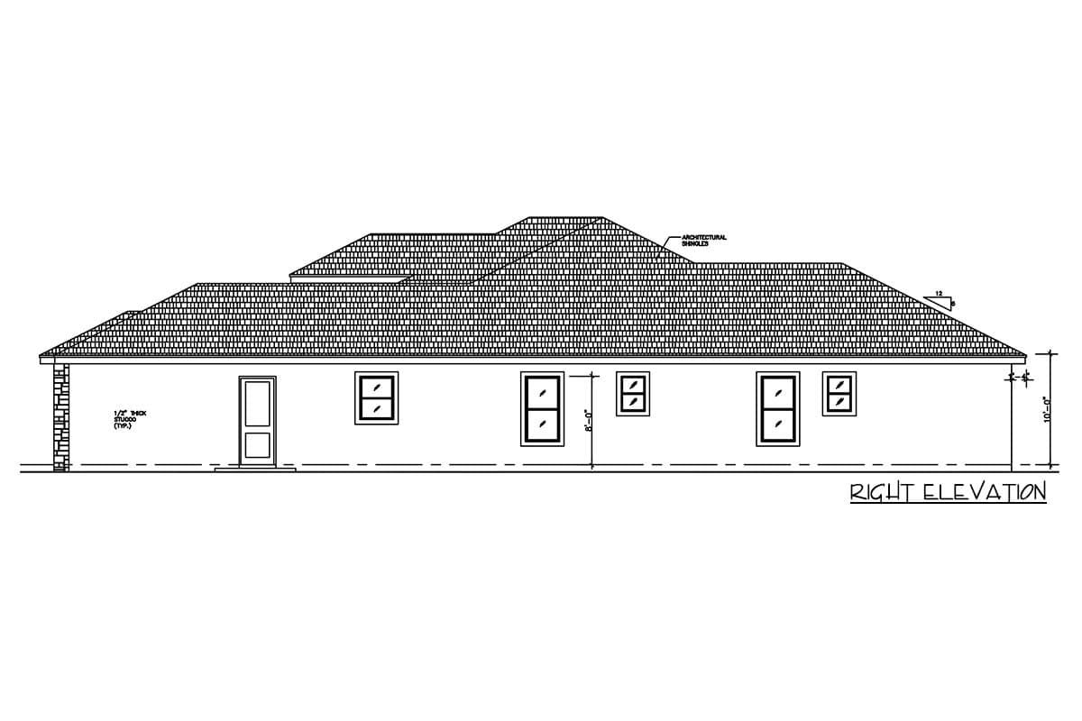 Right elevation drawing of a single-story house plan with architectural shingles, brick veneer, and multiple windows.