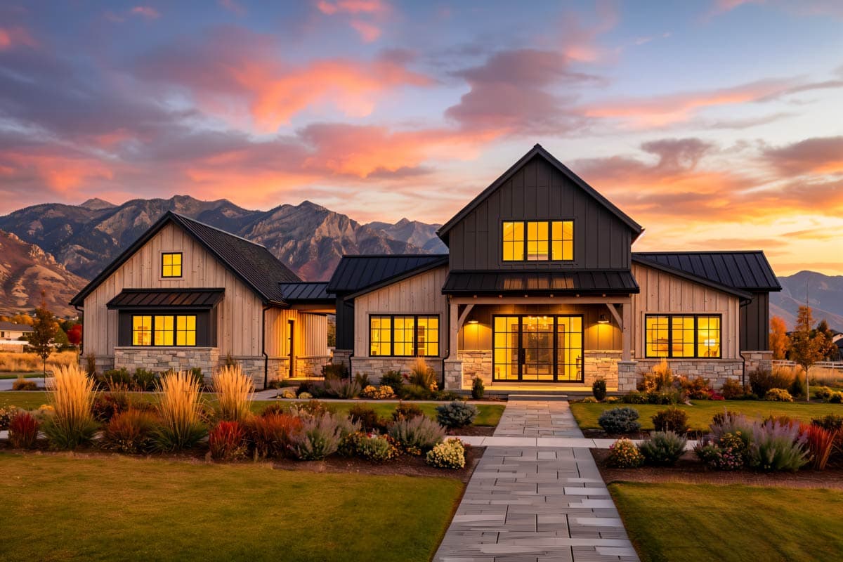 Modern Farmhouse exterior with board and batten siding, stone accents, gable roofs, and a covered entryway.