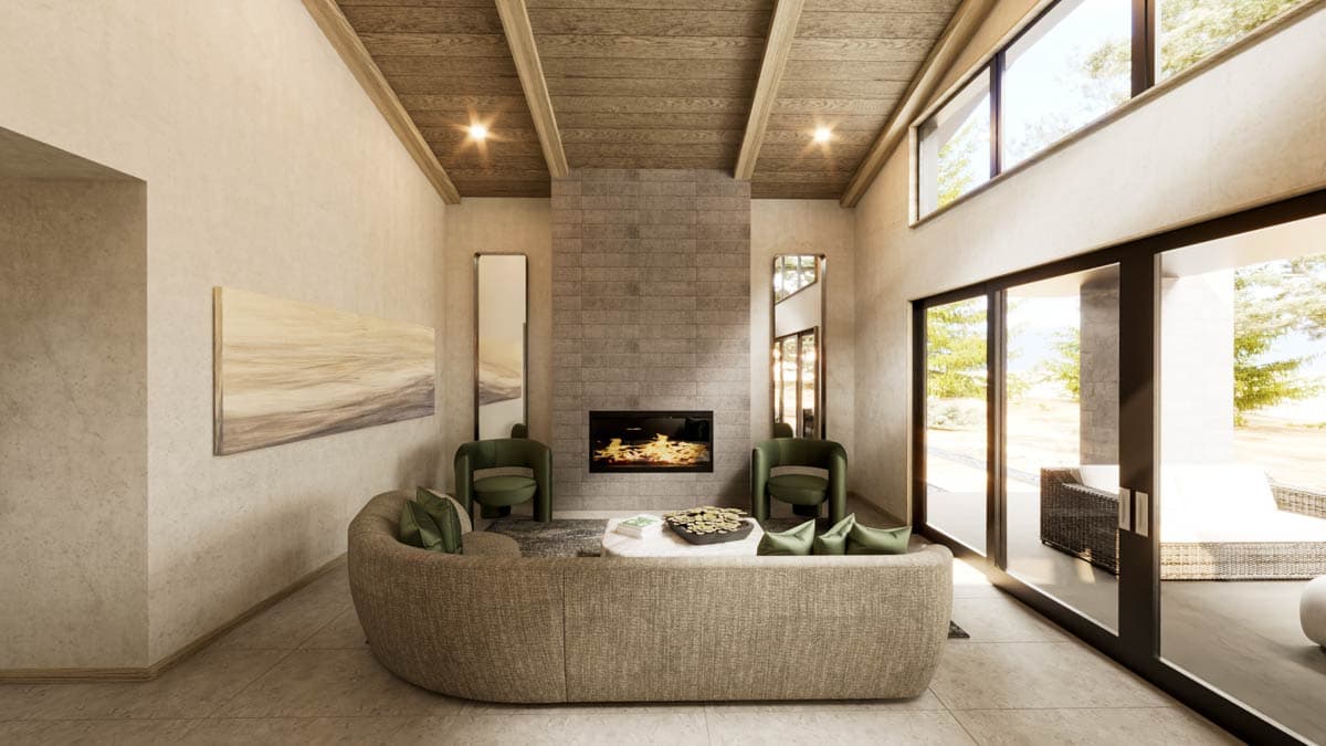 Modern living room with fireplace. Features a curved sofa, two green armchairs, large windows, and a wood ceiling.