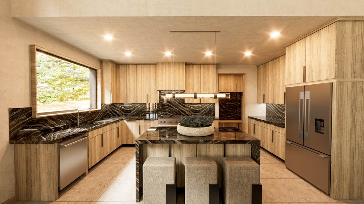 Modern luxury kitchen with wood cabinets, island, and black marbled countertops. Stainless steel appliances and island stools.