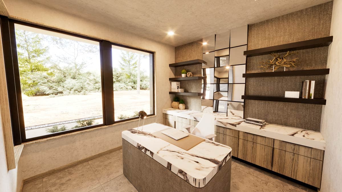 Modern home office with a large window, marble desk, shelves, and a mirror wall. Outside view of trees and greenery.