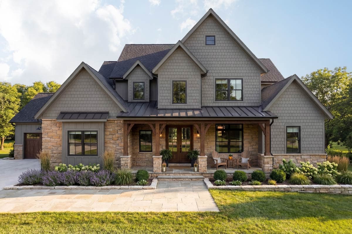 House plan exterior featuring a two-story Craftsman style home with a stone and shingle facade, a front porch, and multiple gabled rooflines.