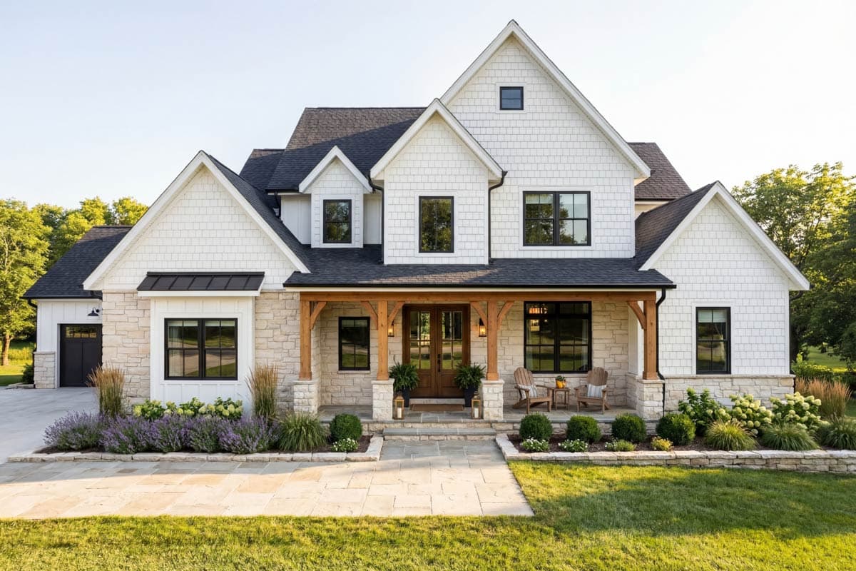 Modern Farmhouse house plan exterior with stone and shake siding, a large wooden porch, and a two-car garage.