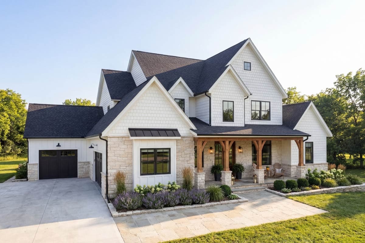 House plan exterior: Two-story Modern Farmhouse with stone accents, gable dormers, and a covered front porch with timber supports.