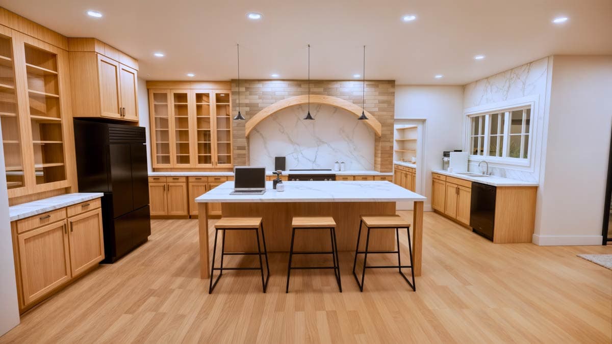 Kitchen with light wood cabinetry, large island with seating, and arched brick and marble backsplash.