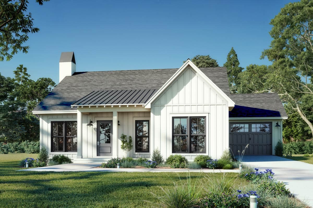 House plan exterior with board and batten siding, Craftsman style, single story, front porch, and gable roof. Includes an attached garage.