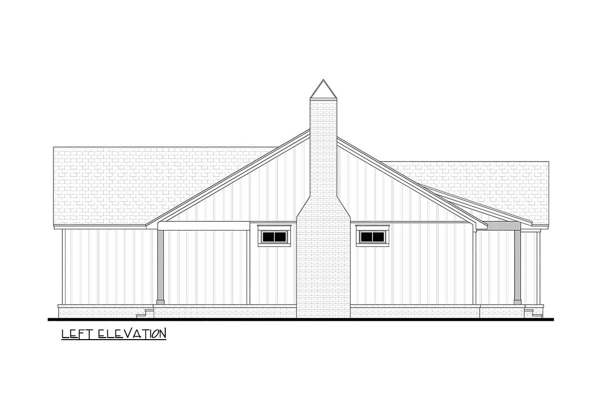 Left elevation drawing of a house plan with a gabled roof, prominent brick chimney, and covered porch.