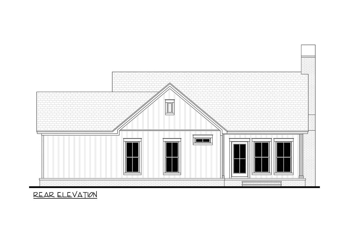 Rear elevation drawing of a house plan with a gabled dormer, multiple windows, and a brick chimney.