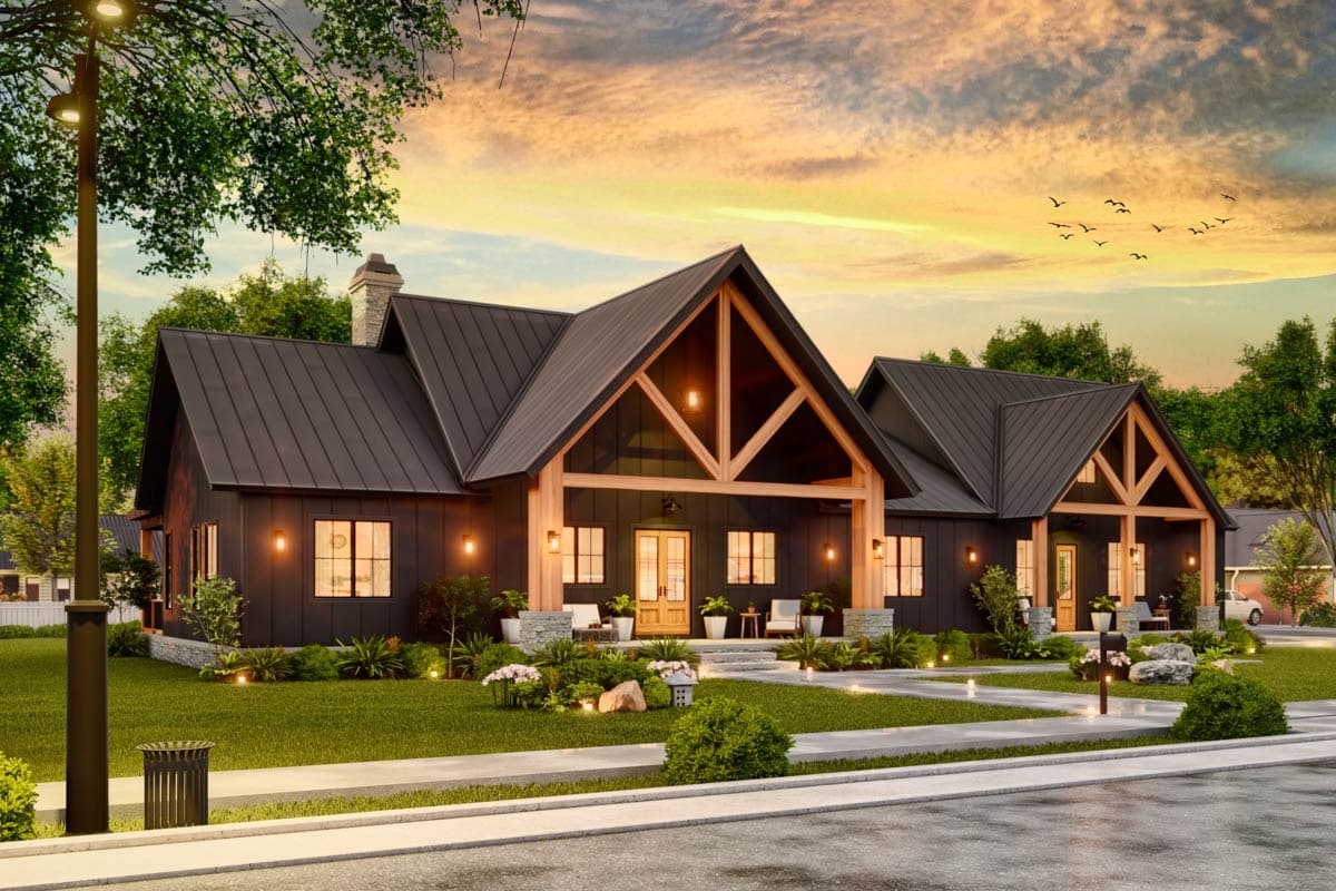 Modern Farmhouse house plan exterior with prominent gables, exposed wood beams, metal roof, and large covered porch.