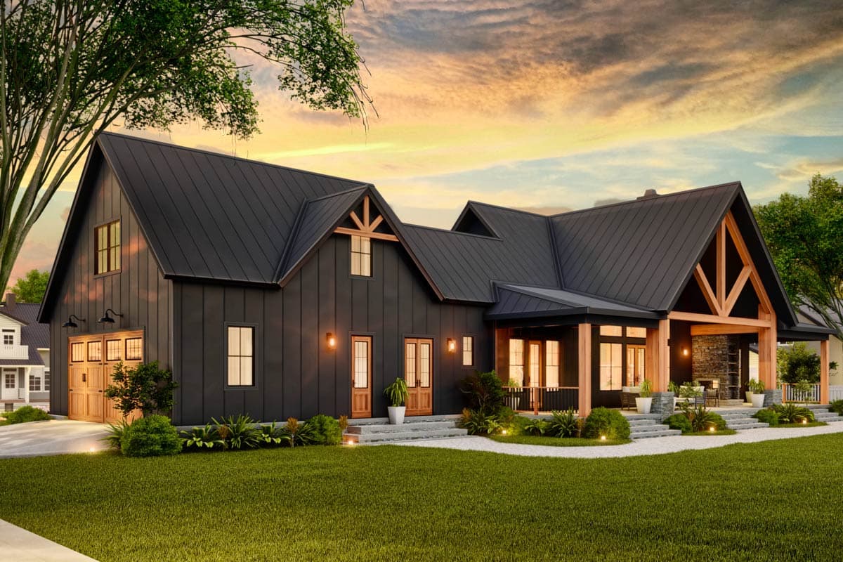 Modern Farmhouse house plan exterior with dark vertical siding, multiple gables, exposed wooden beams, covered porch, and attached garage.