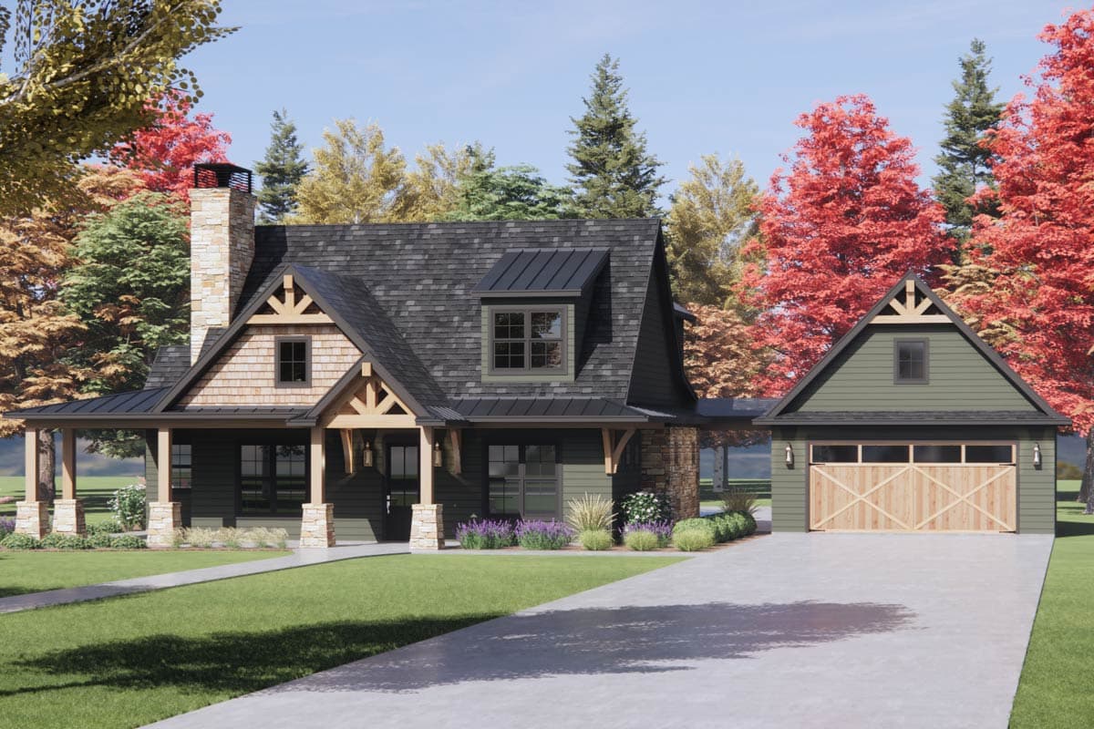 House plan exterior. Craftsman style, one-story home with covered porch, gabled roof, and stone chimney. Garage with wooden doors.