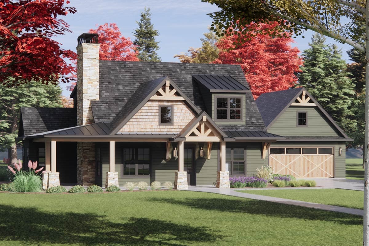House plan exterior: Modern Farmhouse style, two stories, prominent stone chimney, covered porch, wood shake siding, and attached garage.
