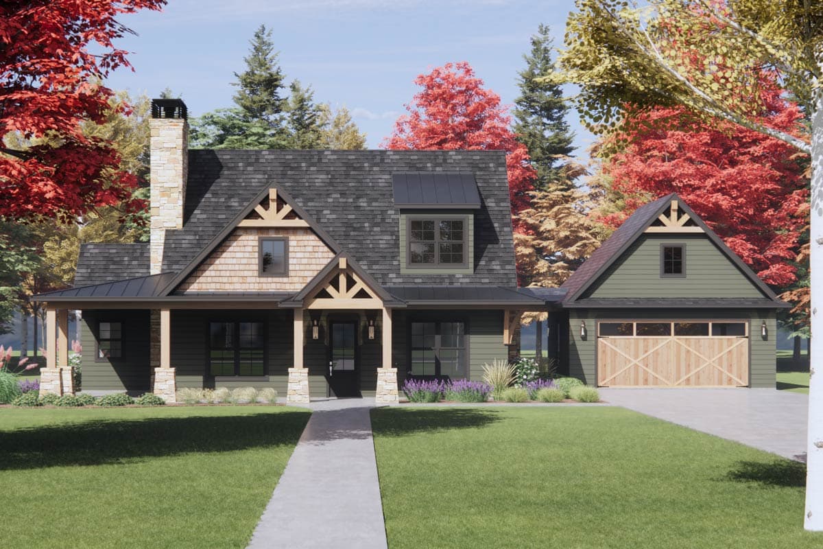 Craftsman house plan exterior with stone chimney, covered porch with stone pillars, and attached two-car garage with wood doors.