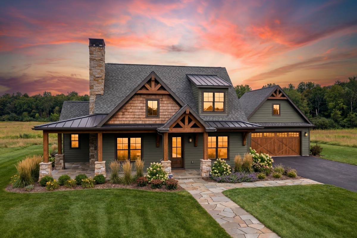 House plan exterior: Modern Farmhouse style, two stories, featuring a stone chimney, covered porch with timber supports, and a multi-gable roofline.