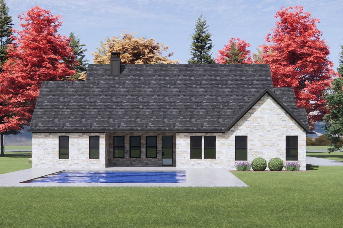 House plan exterior: Single-story with stone facade, dark asphalt roof, gabled front, and swimming pool.