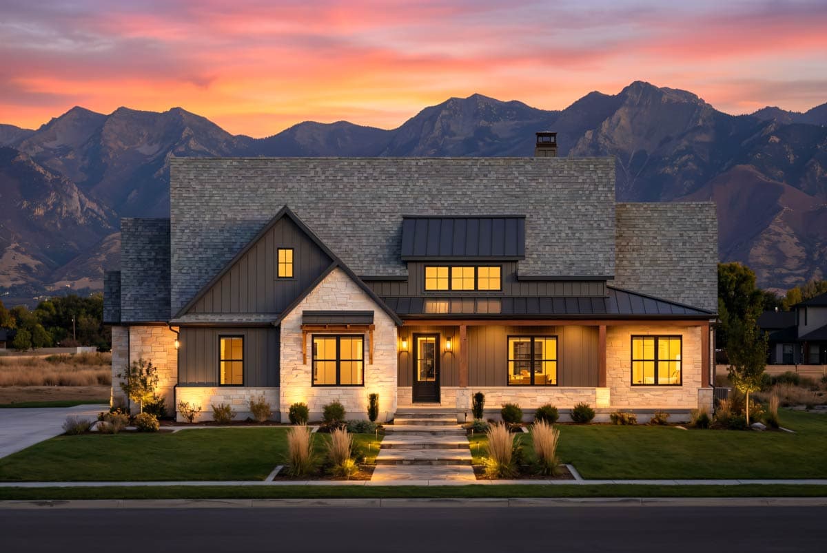 House plan exterior with stone and vertical siding, a covered porch, and multiple gables under a shingled roof.