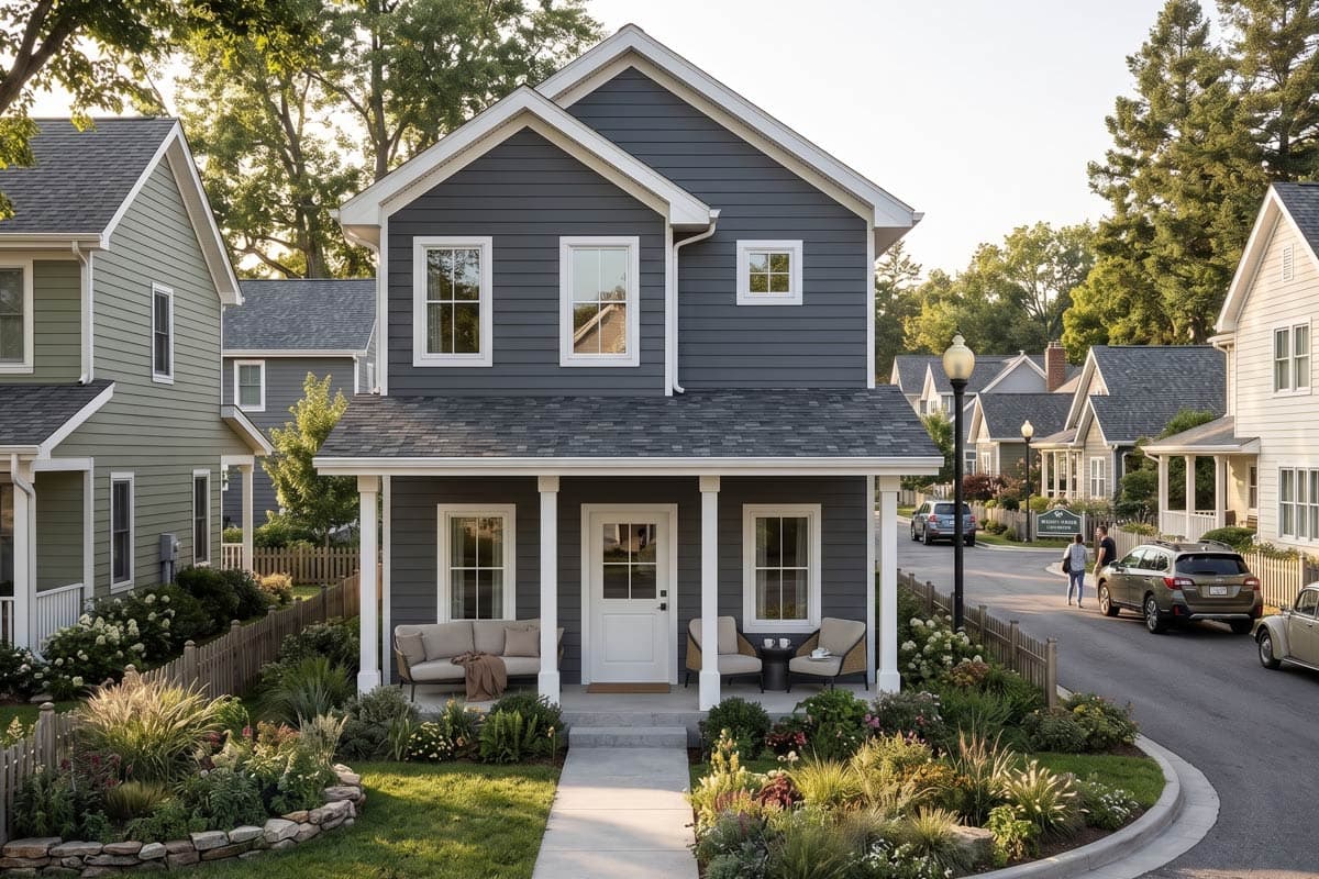 House plan exterior view of a two-story home. Features include a front porch with columns, gabled roof, and multiple double-hung windows.