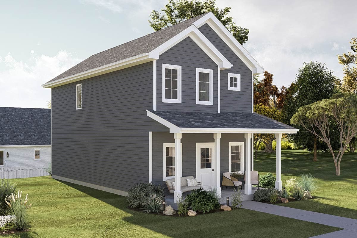 House plan exterior: Two-story home with a covered front porch, gabled dormers, and dark gray siding.