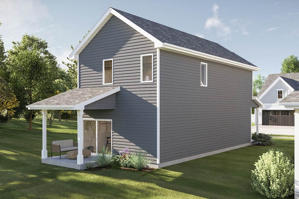House plan exterior: Two-story modern home with gray siding, white trim, a covered patio, and multiple gables.