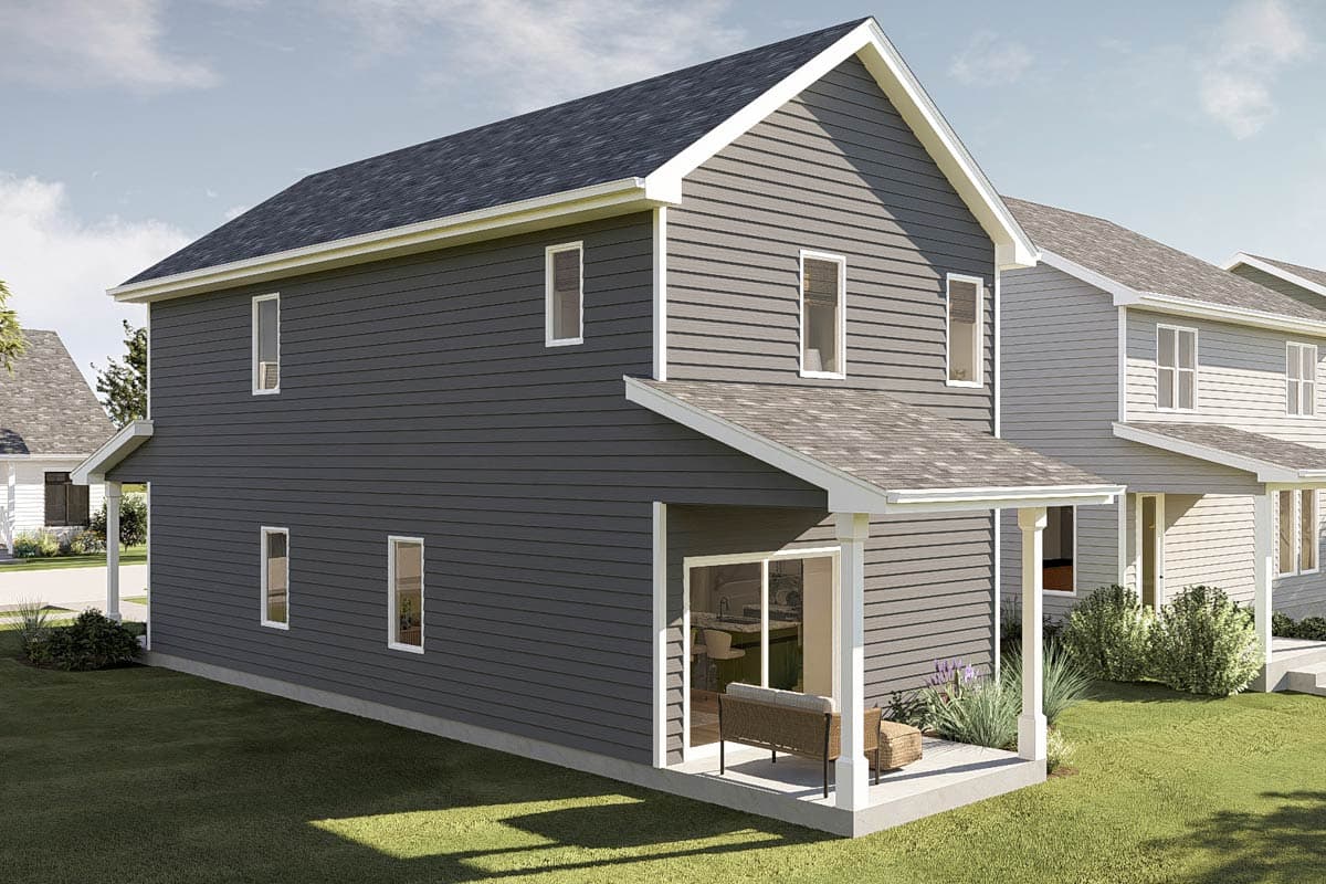 Two-story house plan exterior with horizontal siding, gabled rooflines, a covered porch, and multiple windows.