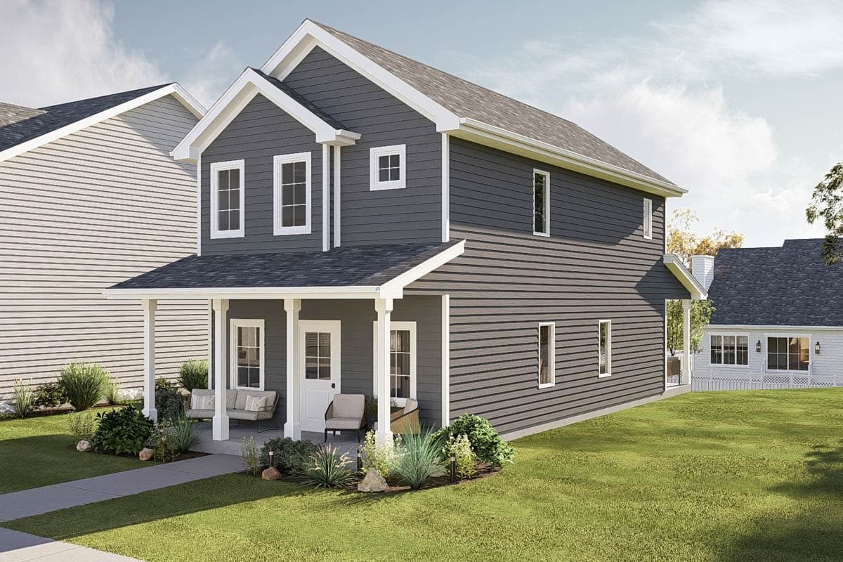 Two-story house plan exterior with a covered front porch, gables, and horizontal siding.