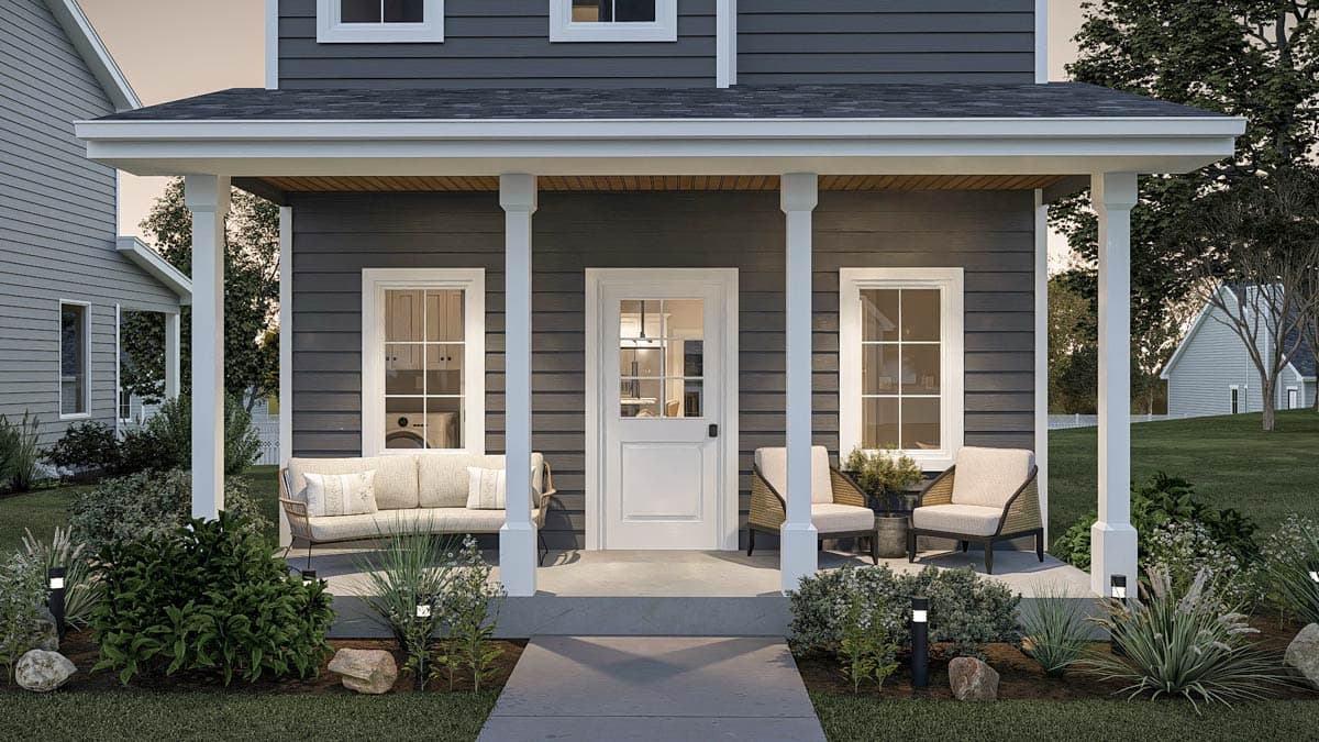 House plan exterior: Two-story dwelling with a covered front porch featuring white columns, a white-trimmed entry door, and two windows.