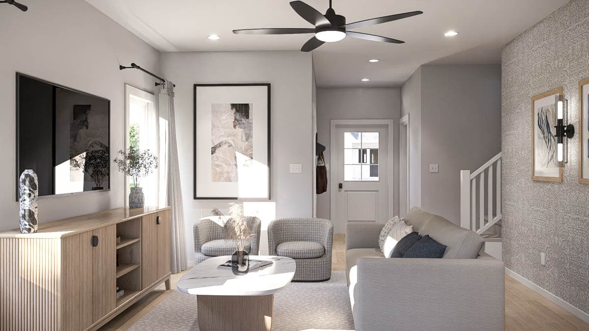 Interior rendering of a living room with a sofa, armchairs, coffee table, media console, and staircase.