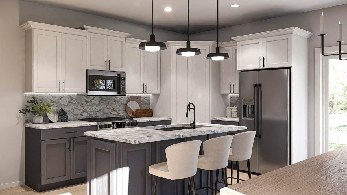 Kitchen with island, white and gray cabinets, stainless steel appliances, marble countertops, and pendant lights.