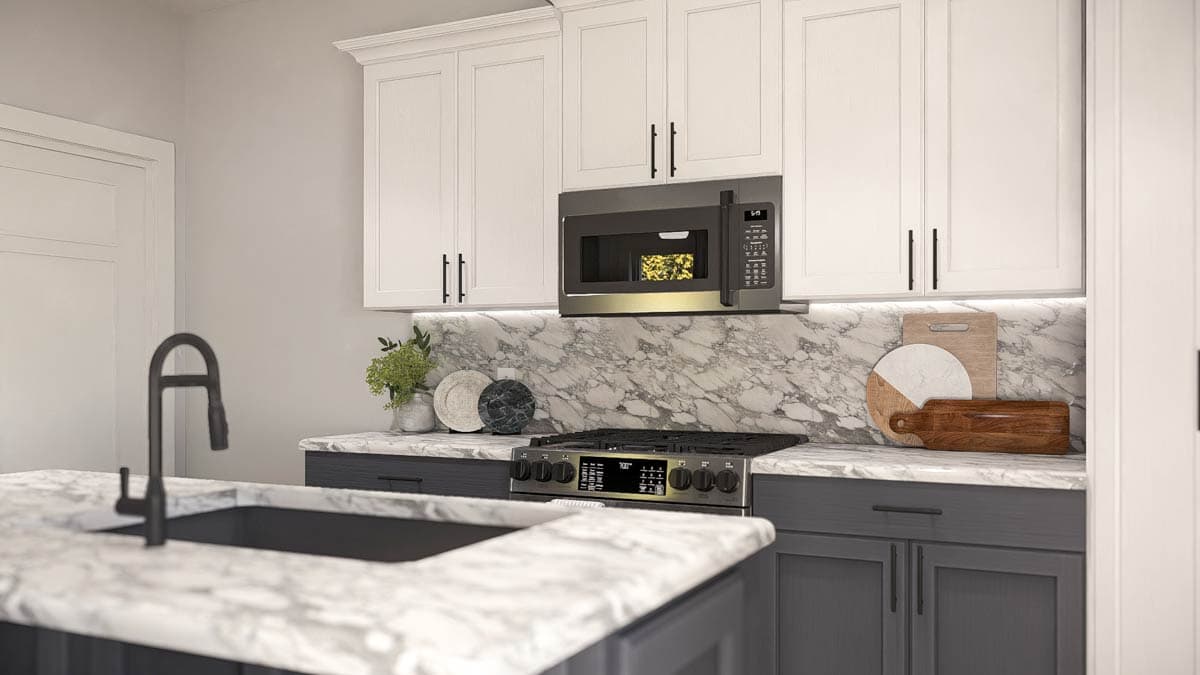Kitchen rendering featuring white upper cabinets, gray lower cabinets, marble backsplash, gas range, and sink island.