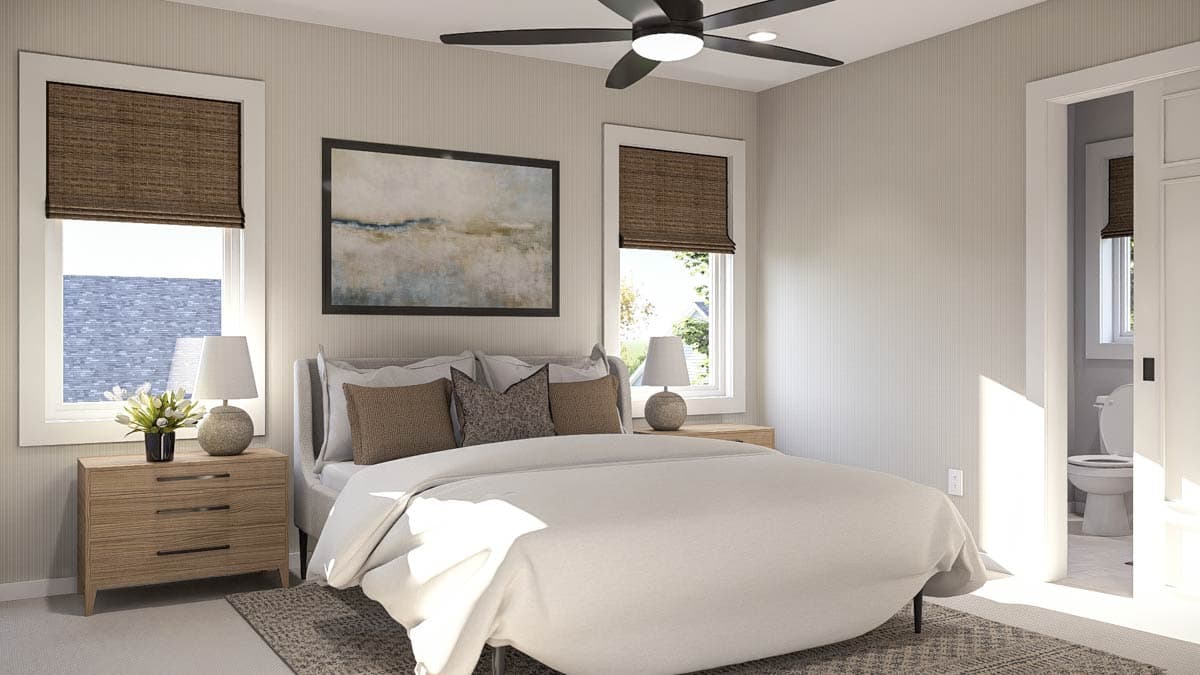Bedroom rendering with king bed, two nightstands, ceiling fan, and ensuite bathroom entrance visible.