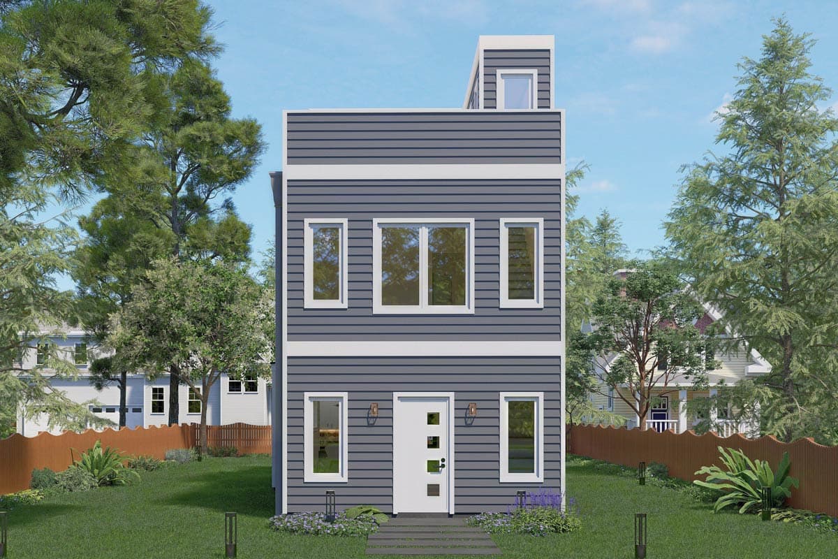 House plan exterior. Two-story, Modern style home with horizontal siding, a flat roof, and a small upper balcony.