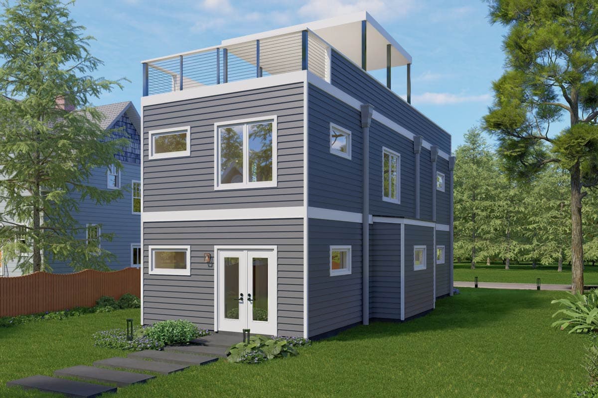 Modern house plan exterior, three stories, lap siding, double glass doors, and rooftop deck.