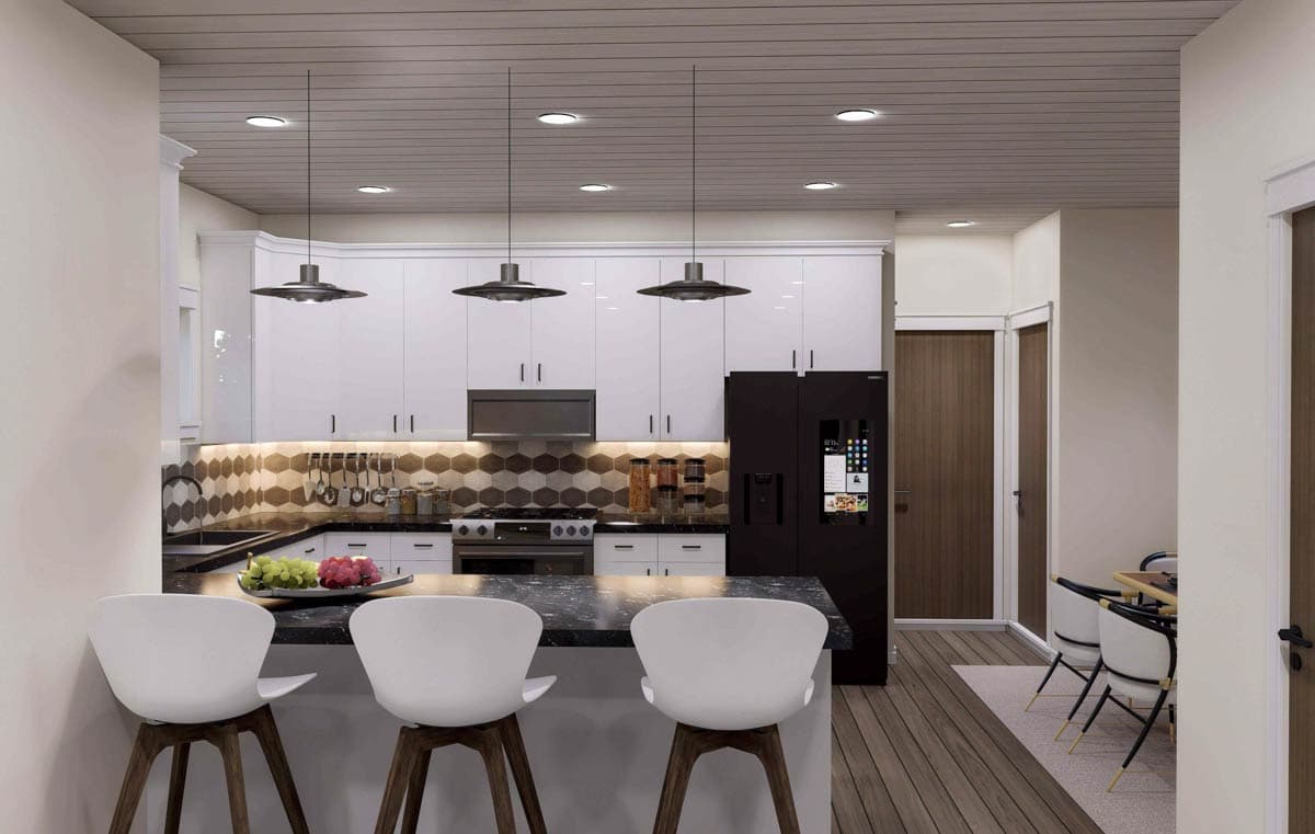 Modern kitchen with white cabinetry, island seating, dark countertops, stainless steel appliances, and a black smart refrigerator.