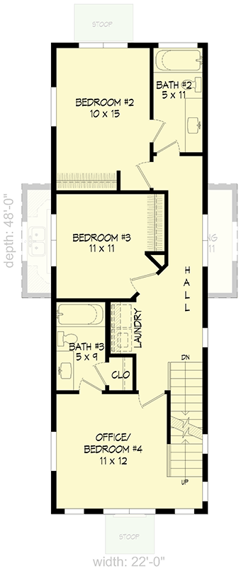 Plan 680585VR: Narrow Modern Three-Story House Plan with Rooftop Deck - Floor Plan - 2nd Floor - Modern, Traditional