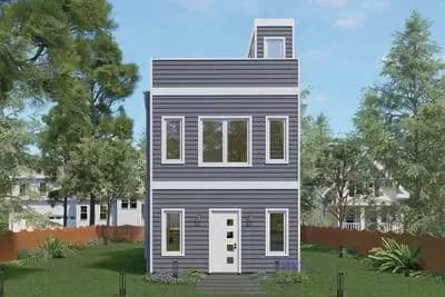 Narrow Modern Three-Story House Plan with Rooftop Deck