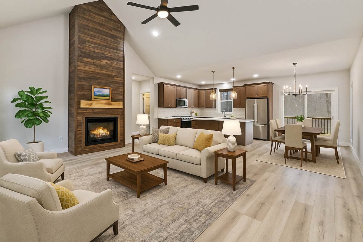 Open concept living area with vaulted ceiling, wood-paneled fireplace, kitchen with island, and dining area.