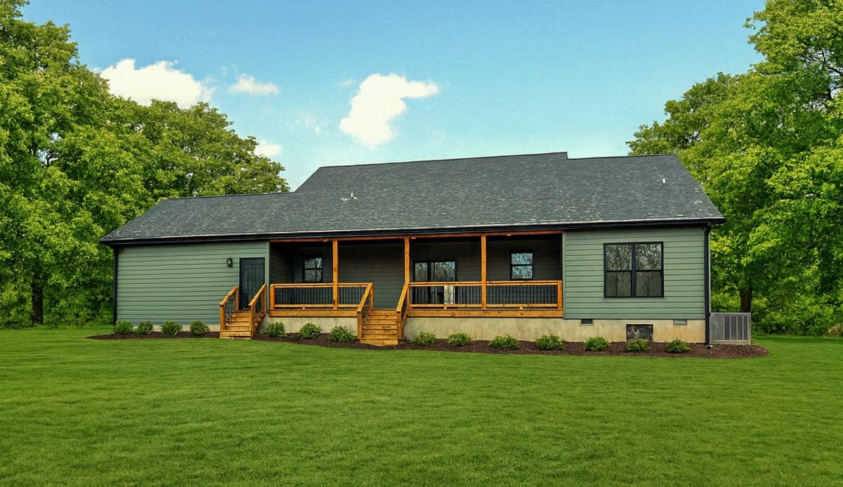 House plan exterior: One-story Modern Farmhouse with a deep covered porch, wood posts, and wide eaves.