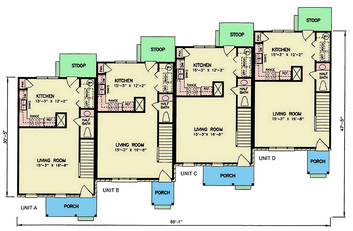 Plan 25925GE: Traditional Quad-Plex House Plan with Four 2 Bedroom Units - Floor Plan - Main Level - Traditional