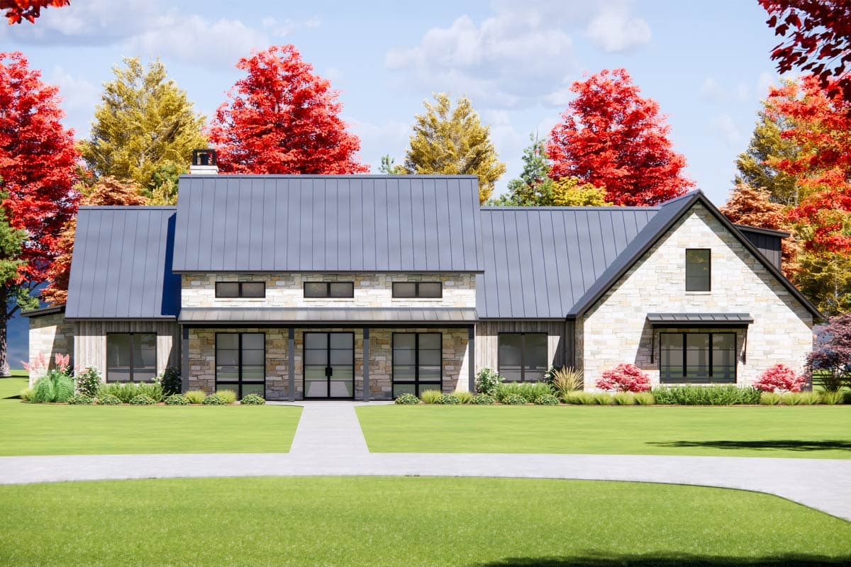 House plan exterior. Modern farmhouse with stone and wood siding, metal roof, covered porch, and gabled roofline. Single-story.