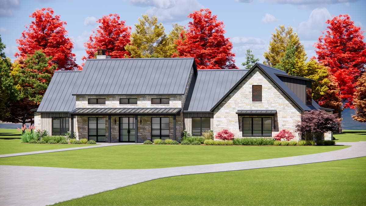 Modern Farmhouse house plan exterior with stone and wood siding, metal roof, and covered entry porch.